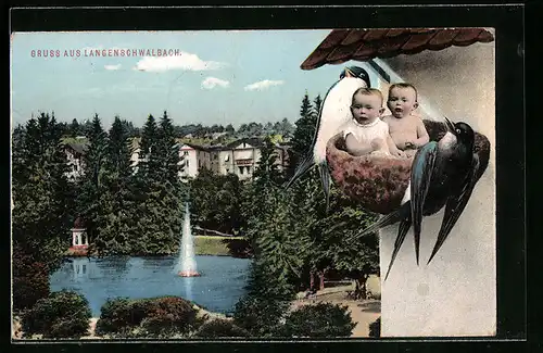 AK Langenschwalbach, Parkanlage mit Springbrunnen, zwei Babys im Schwalbennest