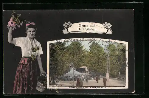 AK Bad Steben, Wiesenquelle mit Musikpavillon, Mädchen mit Blumen