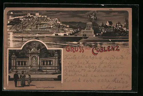 Mondschein-Lithographie Coblenz, Kaiserin Augusta-Denkmal und Panorama