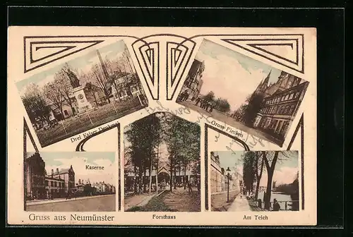 AK Neumünster, Drei Kaiser Denkmal, Kaserne und Forsthaus