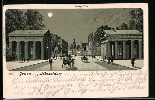 Mondschein-Lithographie Düsseldorf, Gruss aus der Stadt, Ratinger Tor