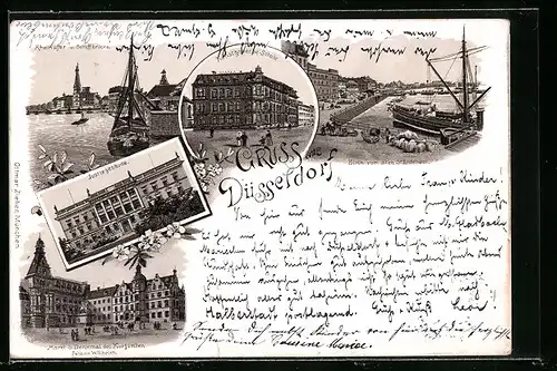 Lithographie Düsseldorf, Justizgebäude, Schiffbrücke und Denkmal des Kurfürsten Johann Wilhelm