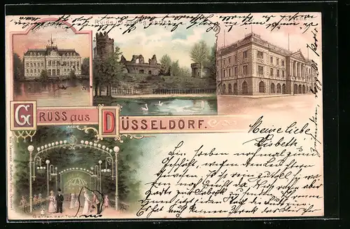 Lithographie Düsseldorf, Ruine im zoolog. Garten, Ständehaus und Tonhalle