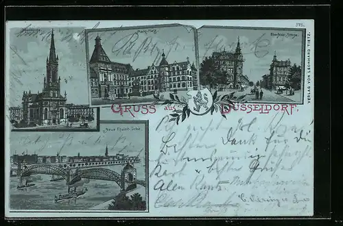 Mondschein-Lithographie Düsseldorf, Markt-Platz, Johanniskirche und Elberfelder Strasse