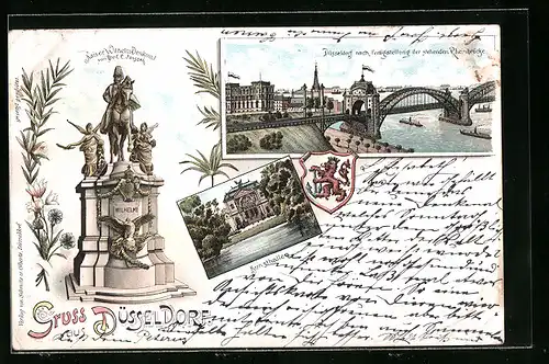 Lithographie Düsseldorf, Kaiser Wilhelm-Denkmal und Düsseldorf nach der Fertigstellung der stehenden Rheinbrücke