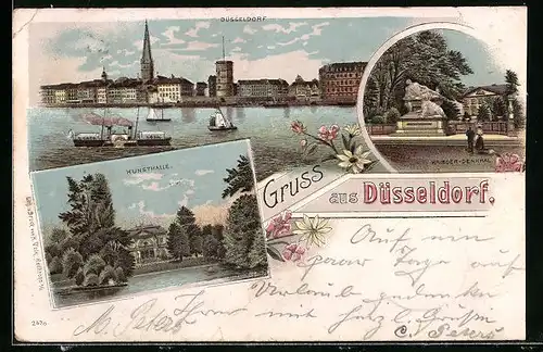 Lithographie Düsseldorf, Teilansicht und Krieger-Denkmal, Verzierung mit rosa und gelben Blumen