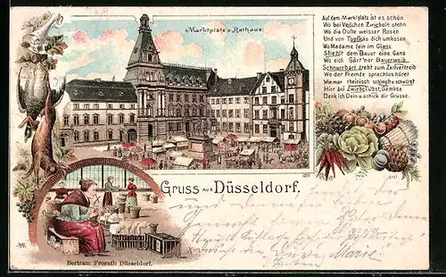 Lithographie Düsseldorf, Gruss mit Marktplatz, Marktverkäuferin und Rathaus