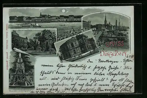 Mondschein-Lithographie Düsseldorf, Theater, Rhein-Werft und Cornelius-Platz im Vollmondlicht