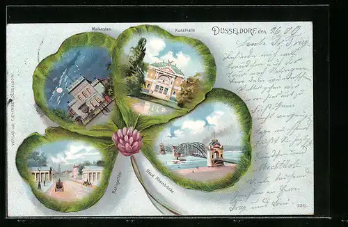 Passepartout-AK Düsseldorf, Malkasten, Kunsthalle und Ratingerthor im Kleeblatt