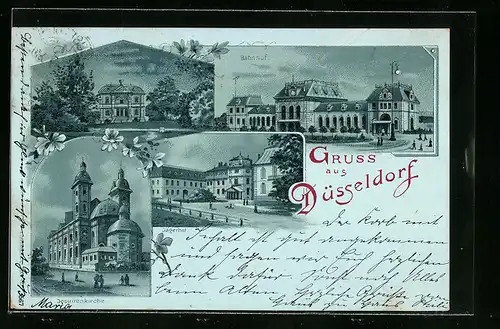 Lithographie Düsseldorf, Bahnhof, Jesuitenkirche und Jägerhof