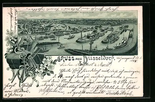 Lithographie Düsseldorf, Neuer Rheinhafen aus der Vogelschau