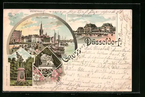 Lithographie Düsseldorf, Gruss mit Central-Bahnhof, Rhein-Werft und Denkmal der 39er