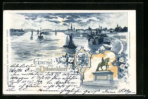 Mondschein-AK Düsseldorf, Blick vom Rheinufer auf die nächtliche Stadt