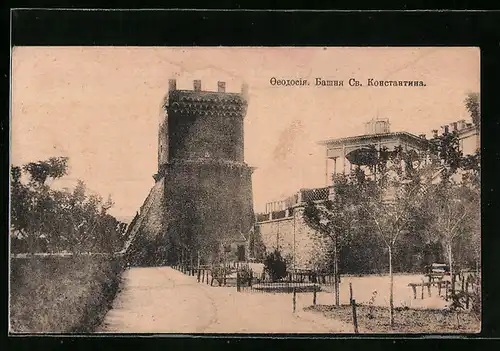 AK Feodosija /Krim, Wehrturm und Gebäude an der Stadtmauer