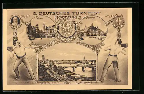 Künstler-AK Frankfurt a. M., XI. Deutsches Turnfest 1908, Rathaus, Hauptbahnhof