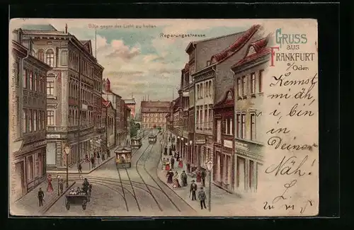 Lithographie Frankfurt a. Oder, Regierungsstrasse mit Strassenbahn, Halt gegen das Licht mit leuchtenden Laternen