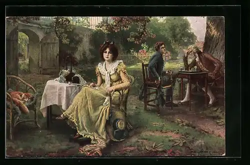 Künstler-AK Herren beim Schachspiel im Grünen, Dame im Kleid, In Gedanken
