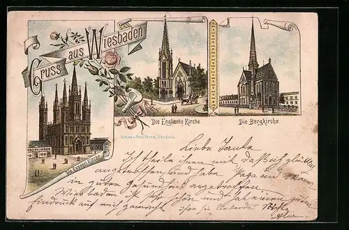 Vorläufer-Lithographie Wiesbaden, 1891, Evangelische Kirche, Englische Kirche und Bergkirche
