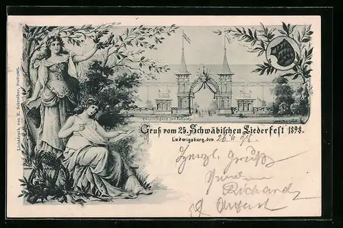 Künstler-AK Ludwigsburg, Sängerfest 1898 - Haupteingang zum Festplatz, Allegorische Figuren