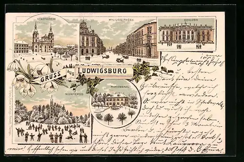 Winter-Lithographie Ludwigsburg, Myliusstrasse, Stadtkirche, Monrepos mit Schlittschuhläufern