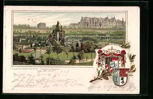 Passepartout-Lithographie Ludwigshafen, Jubiläumsbrunnen mit Umgebung, Geprägtes Wappen mit Eichen- und Lorbeerlaub