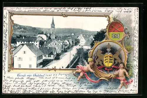 Passepartout-Lithographie Gaildorf, Teilansicht mit Kirche und Strasse von oben, Wappen mit Putten