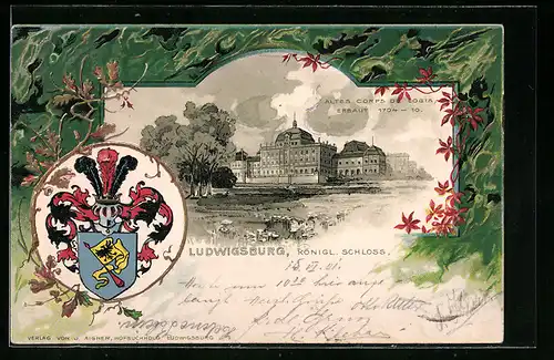 Passepartout-Lithographie Ludwigsburg, Königliches Schloss / Corps de Logis, Wappen mit Eichenlaub