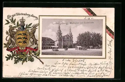Passepartout-Lithographie Ludwigsburg, Marktplatz mit Stadtkirche, Wappen Württenbergs