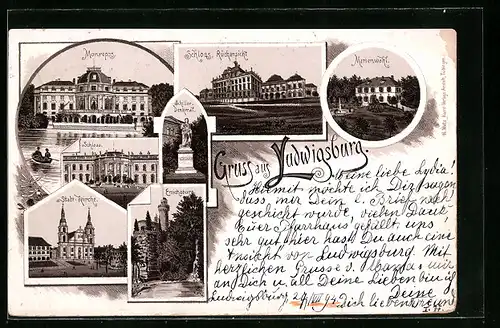 Vorläufer-Lithographie Ludwigsburg, 1894, Schloss Rückansicht, Monrepos, Marienwahl