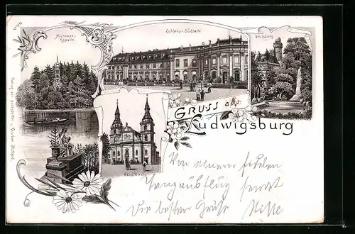 Lithographie Ludwigsburg, Schloss-Südseite, Monrepos Kapelle, Emisburg