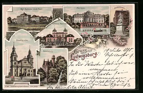 Lithographie Ludwigsburg, Königliches Schloss nördliche Front, Schloss Favorite, Monrepos