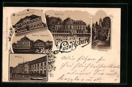Lithographie Ludwigsburg, Gasthaus Louis Fischer, Schloss Vorder- u. Rückansicht