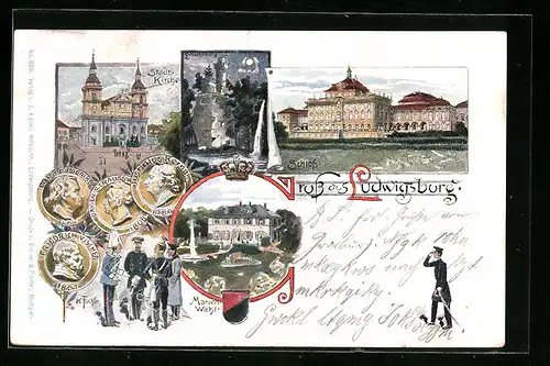 Lithographie Ludwigsburg, Schloss, Stadt-Kirche, Marienwahl