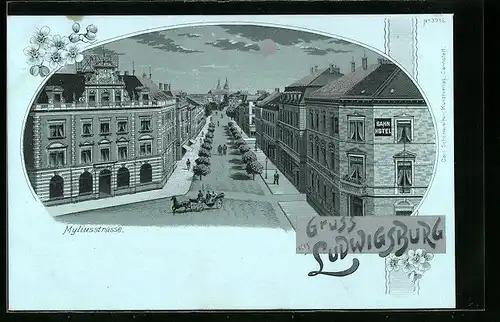 Mondschein-Lithographie Ludwigsburg, Myliusstrasse mit Pferdewagen