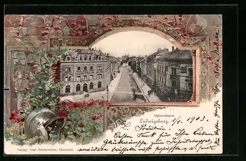 Präge-AK Ludwigsburg, Myliusstrasse mit Bahn-Hotel im Passepartoutrahmen