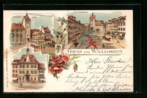 Lithographie Waldshut, Unteres Tor, Rathaus, Hauptstrasse