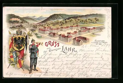 Lithographie Lahr, Kasernen des 8. bad. Inf. Regts. No. 169, Soldat der Garnison Lahr mit Trompete