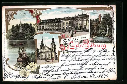 Lithographie Ludwigsburg, Schloss-Südseite, Stadtkirche, Emichsburg