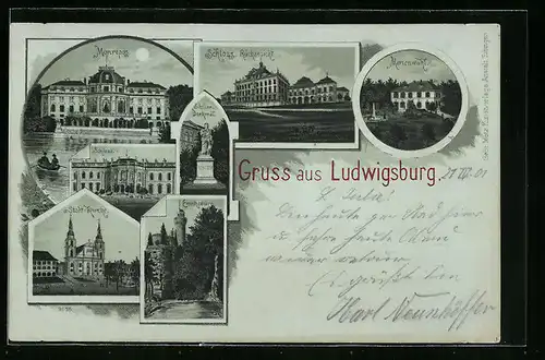 Mondschein-Lithographie Ludwigsburg, Schloss Vorder- u. Rückansicht, Monrepos