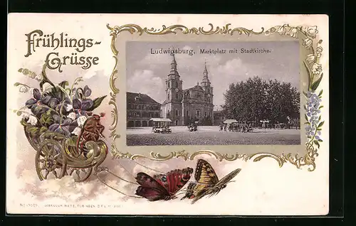 Passepartout-Lithographie Ludwigsburg, Marktplatz mit Stadtkirche, Schmetterlingsgespann