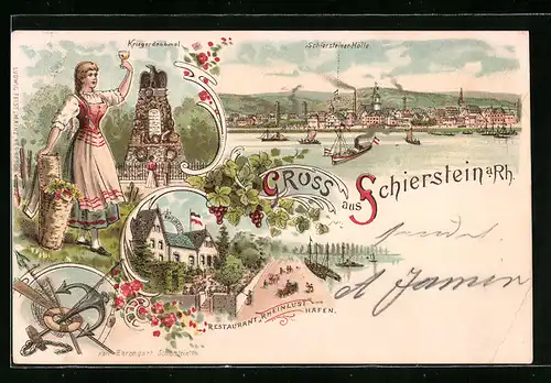 Lithographie Schierstein a. Rh., Restaurant Rheinlust, Kriegerdenkmal