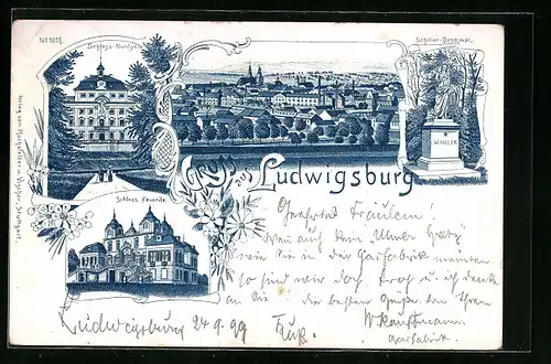 Lithographie Ludwigsburg, Schloss Favorite, Schiller-Denkmal