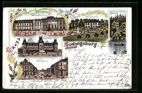 Lithographie Ludwigsburg, Bahnhotel, Königliches Schloss, Mylinsstrasse