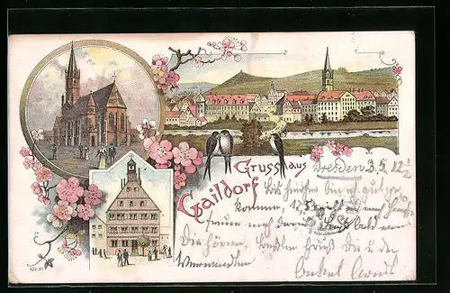 Lithographie Gaildorf, Rathaus, Kirche, Ortsansicht