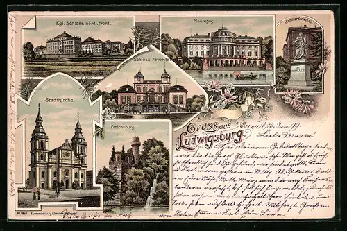Lithographie Ludwigsburg, Monrepos, Stadtkirche, Kgl. Schloss