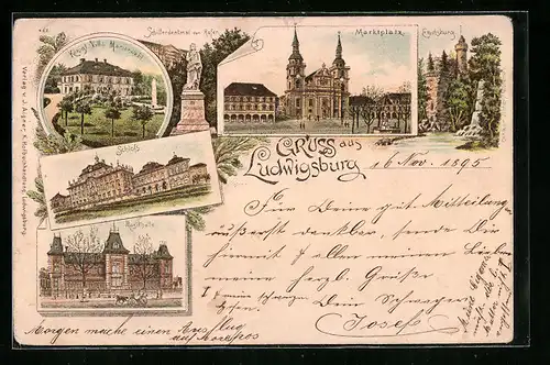 Vorläufer-Lithographie Ludwigsburg, 1895, Marktplatz, Musikhalle, Emichsburg