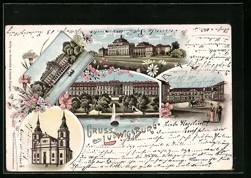 Lithographie Ludwigsburg, Kgl. Schloss, Monrepos, Kirche