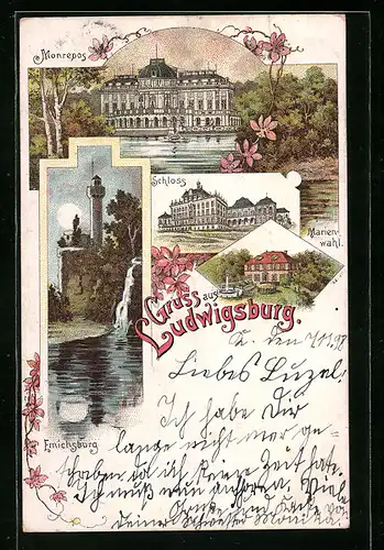 Lithographie Ludwigsburg, Emichsburg bei Vollmond, Marienwahl, Monrepos