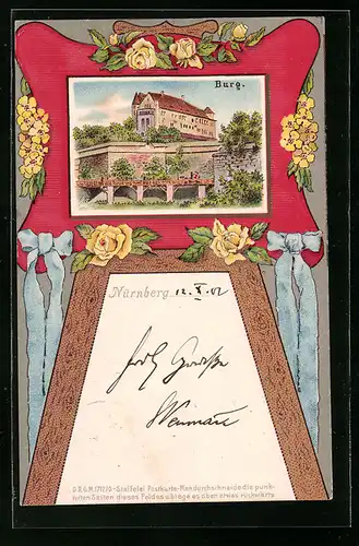 Passepartout-Lithographie Nürnberg, Ansicht der Burg auf Staffelei eines Malers