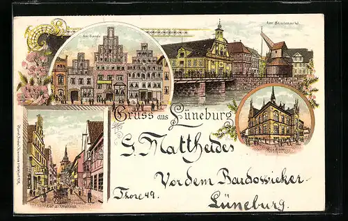 Lithographie Lüneburg, Strassenpartie in der Altstadt, Am Sande, Museum